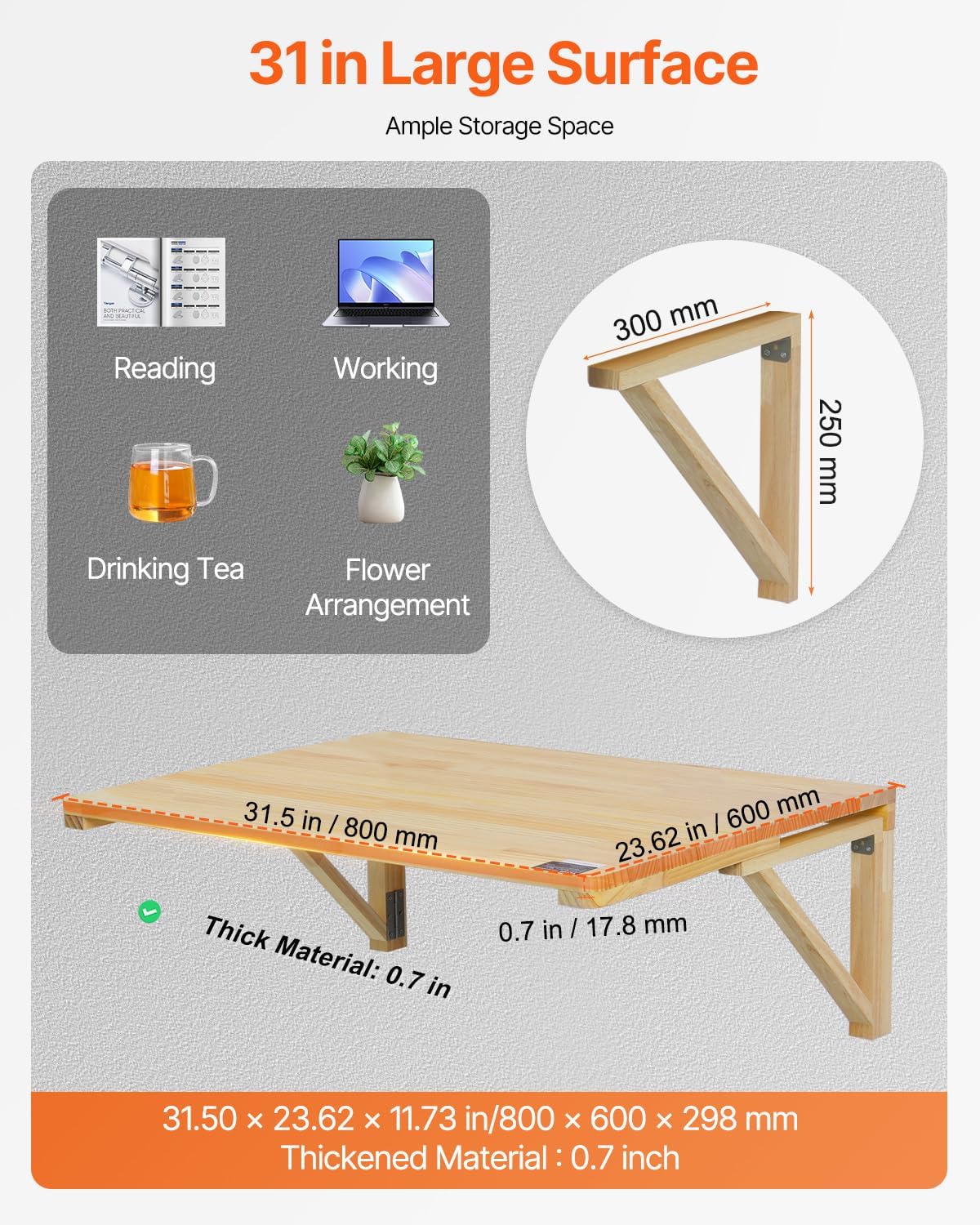 VEVOR Wall-Mounted Folding Table, 31.5 x 23.62 inch, Wooden Drop Leaf Floating Desk with Iron Bracket for Small Spaces, Home Office, Dining, Laundry Room, Kitchen, Bar