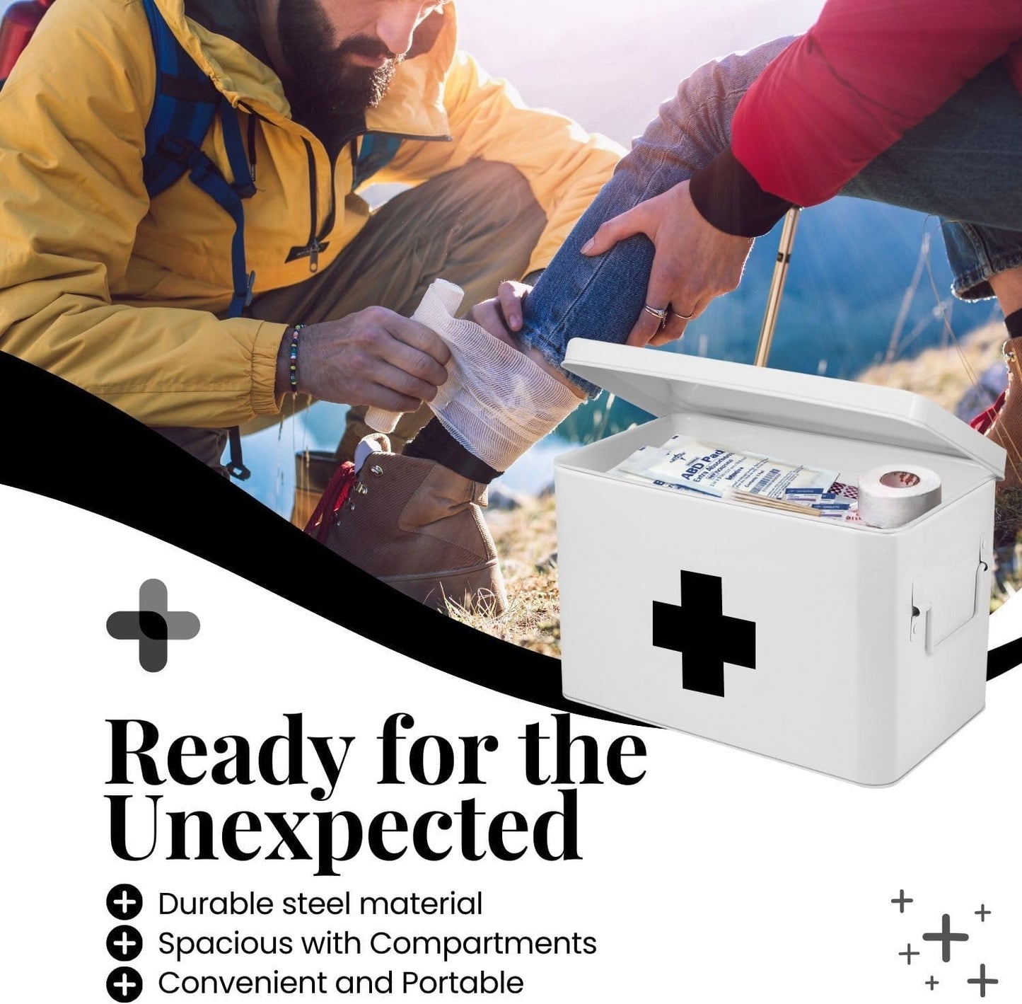 Flexzion First Aid Box Organizer Empty 13" White Vintage First Aid Kit Tin Metal Medical Box - First Aid Storage Box Container Bins with Dividers, Removable Tray and Black Cross Logo