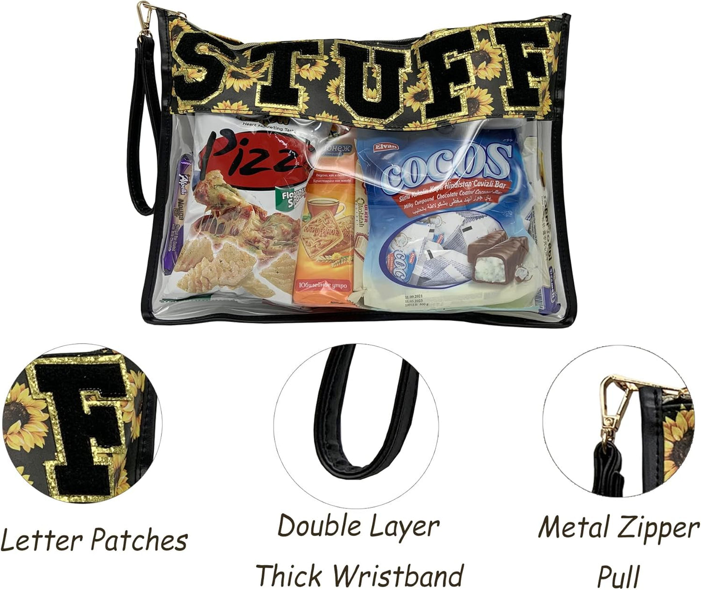 TopTTanBo Chenille Letter Clear Bag Purse Multi-purpose Transparent Waterproof Snacks Makeup Tote Bag with Wrist Strap