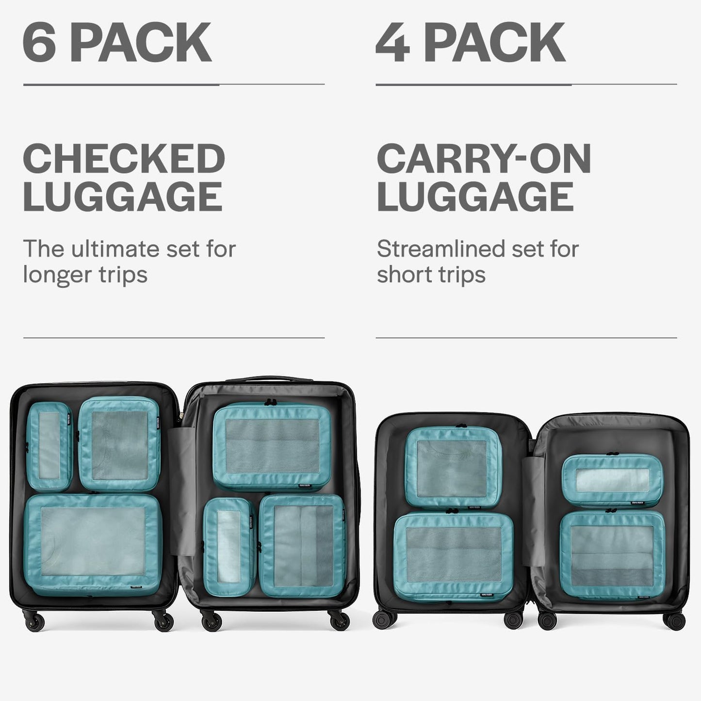 Aerotrunk Compression Packing Cubes for Travel - Luggage Organizer Bags - Double Zipper Packing Cubes for Suitcases (6-Pack, Teal)
