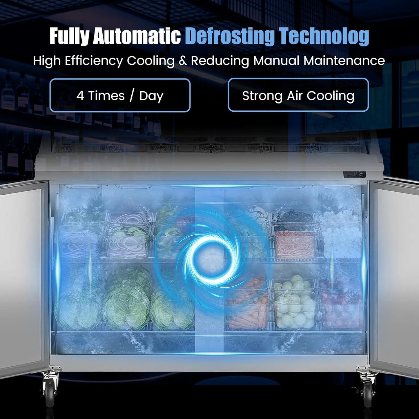 48" W Commercial Refrigerator Sandwich Salad Prep Table, Stainless Steel 2-Door Sandwich Prep Table Refrigerator, Counter Fan Cooling Refrigerator with 18 Pans for Restaurant, Bar