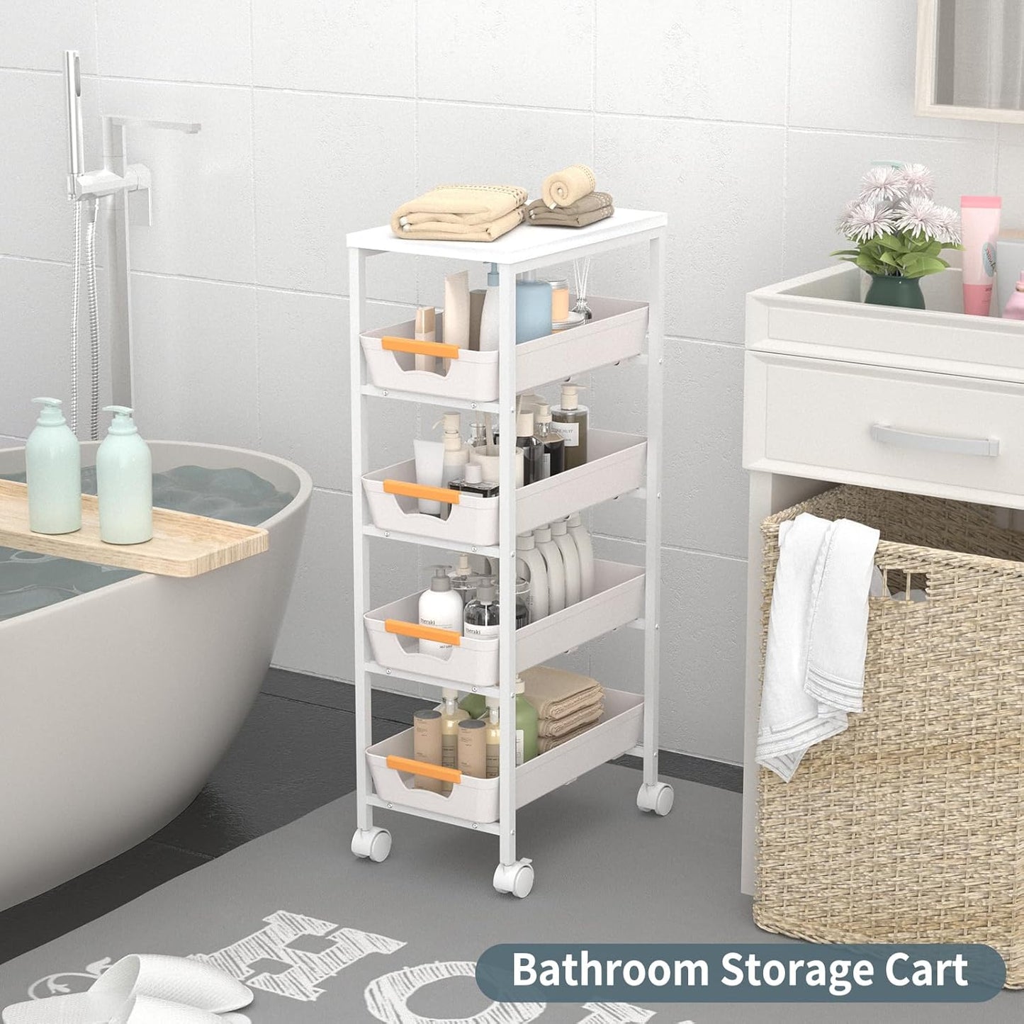 5 Tier Slim Rolling Utility Cart with Drawers Pull-Out Design Slim Storage Cart with Metal Frame and Wooden Top for Narrow Space in Home Kitchen Bathroom White (Width 9.5 Inches)