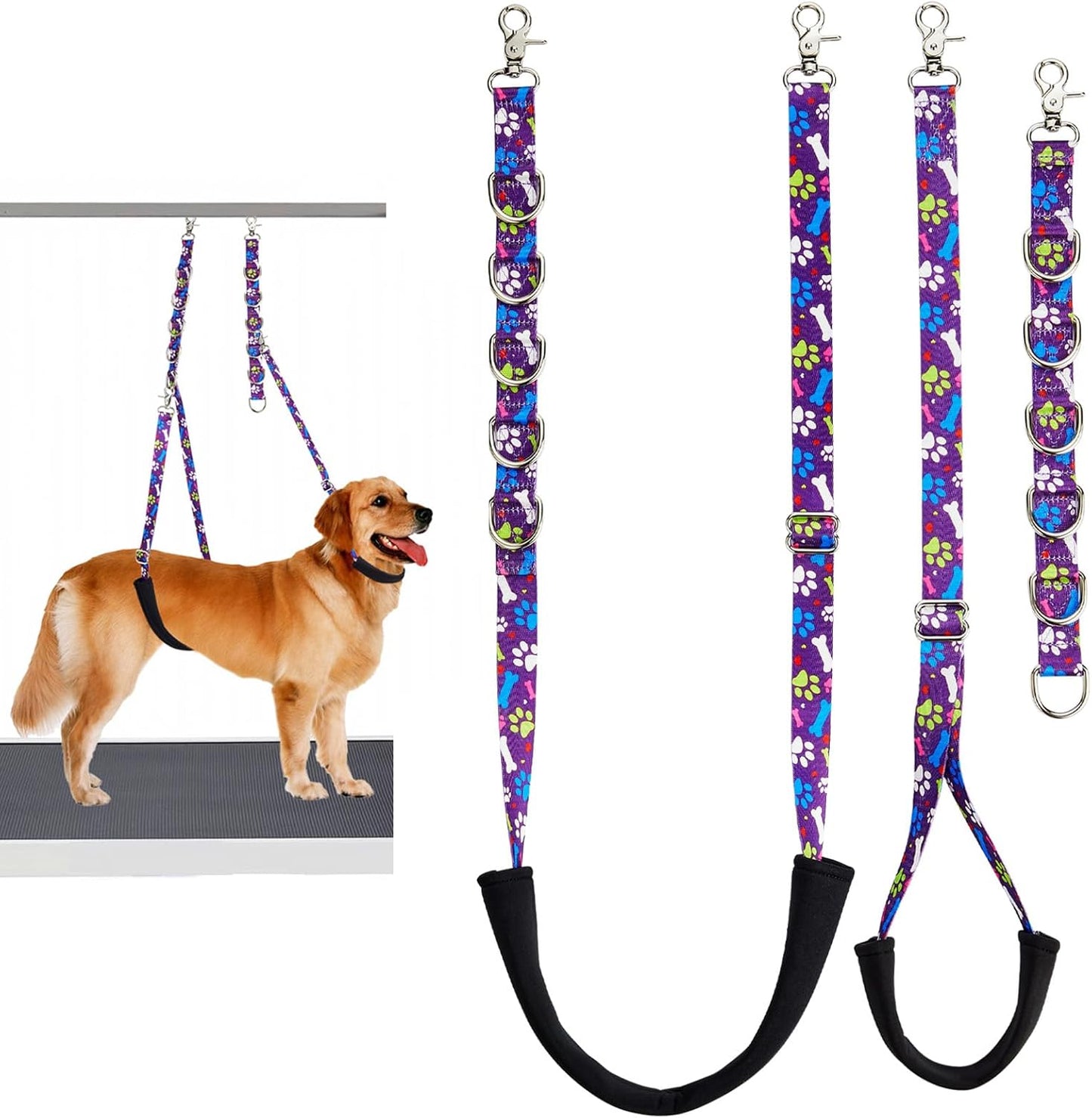 Dog Grooming Belly Straps – Adjustable Grooming Loops with Cute Paw & Bone Pattern – Pet Grooming Belly Band Table Accessories for Small to Large Dogs(Purple)