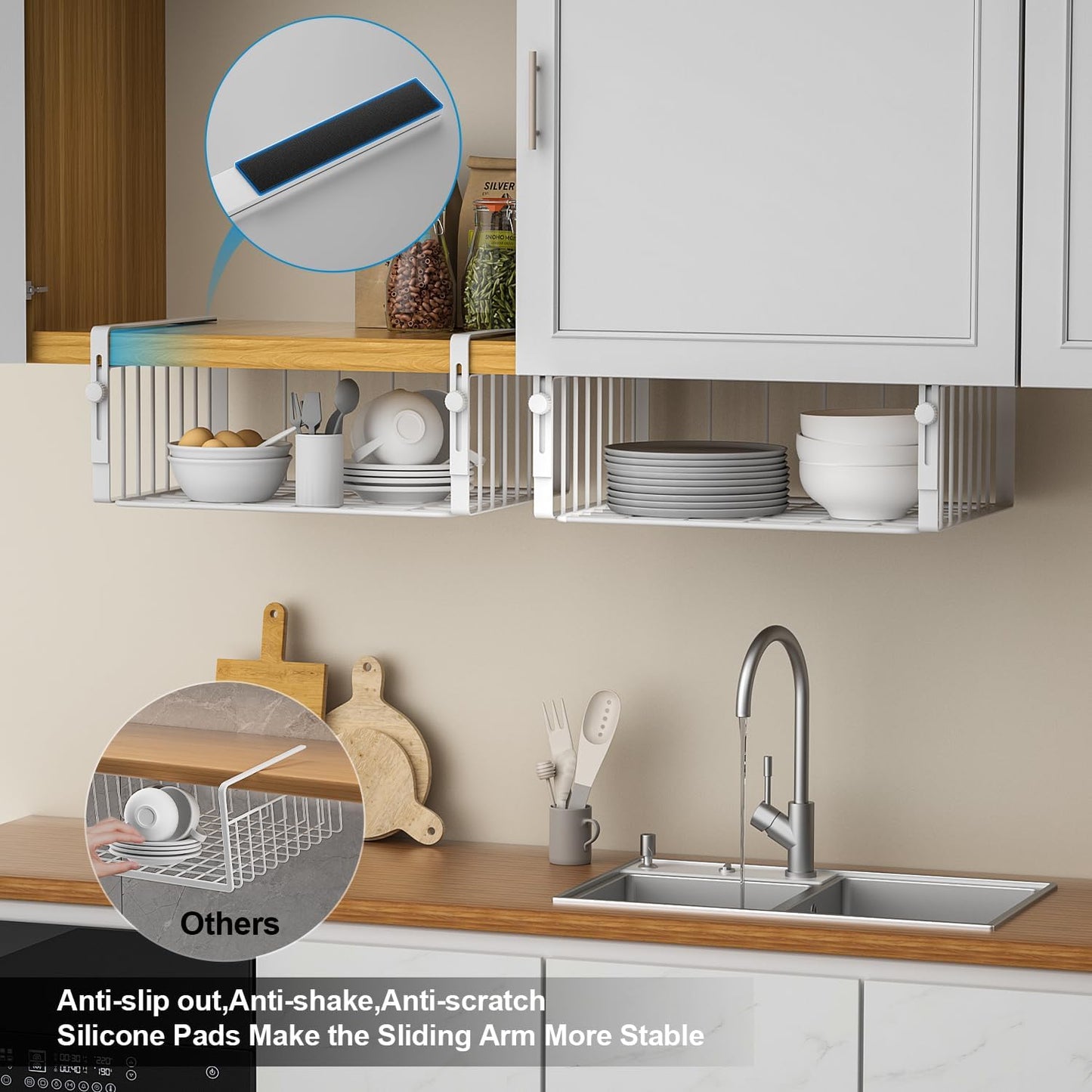 2Pack Under Shelf Basket Organizer,Adjustable Hanging Holder Storage for Cabinet Pantry Kitchen Cupboard Desk Counter Bookshelf Organization Add-on Space Saver Heavy Duty Slide-in,White