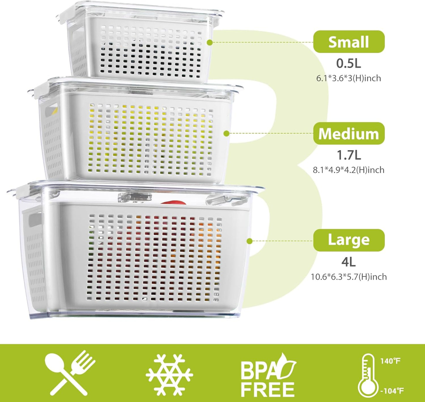 LUXEAR Fresh Container, 3PACK Produce Saver Container BPA Free Fridge Organizer for Vegetable Fruit and Salad Partitioned Food Storage Container with Vents Stay Fresh Containers Not Dishwashers Safe