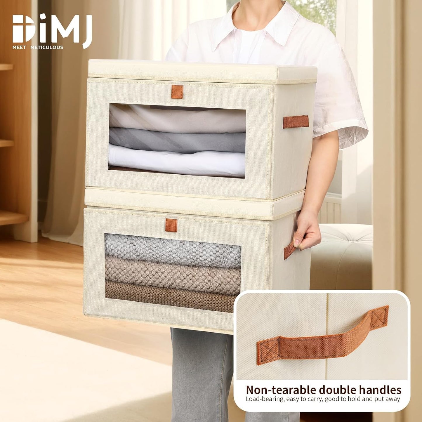 DIMJ Storage Bins with Lids - 5 Pack Large Fabric Closet Organizer with Window & Handles, Collapsible Decorative Storage Boxes for Shelves Under Bed, Books Clothes Blankets Sweaters Organization