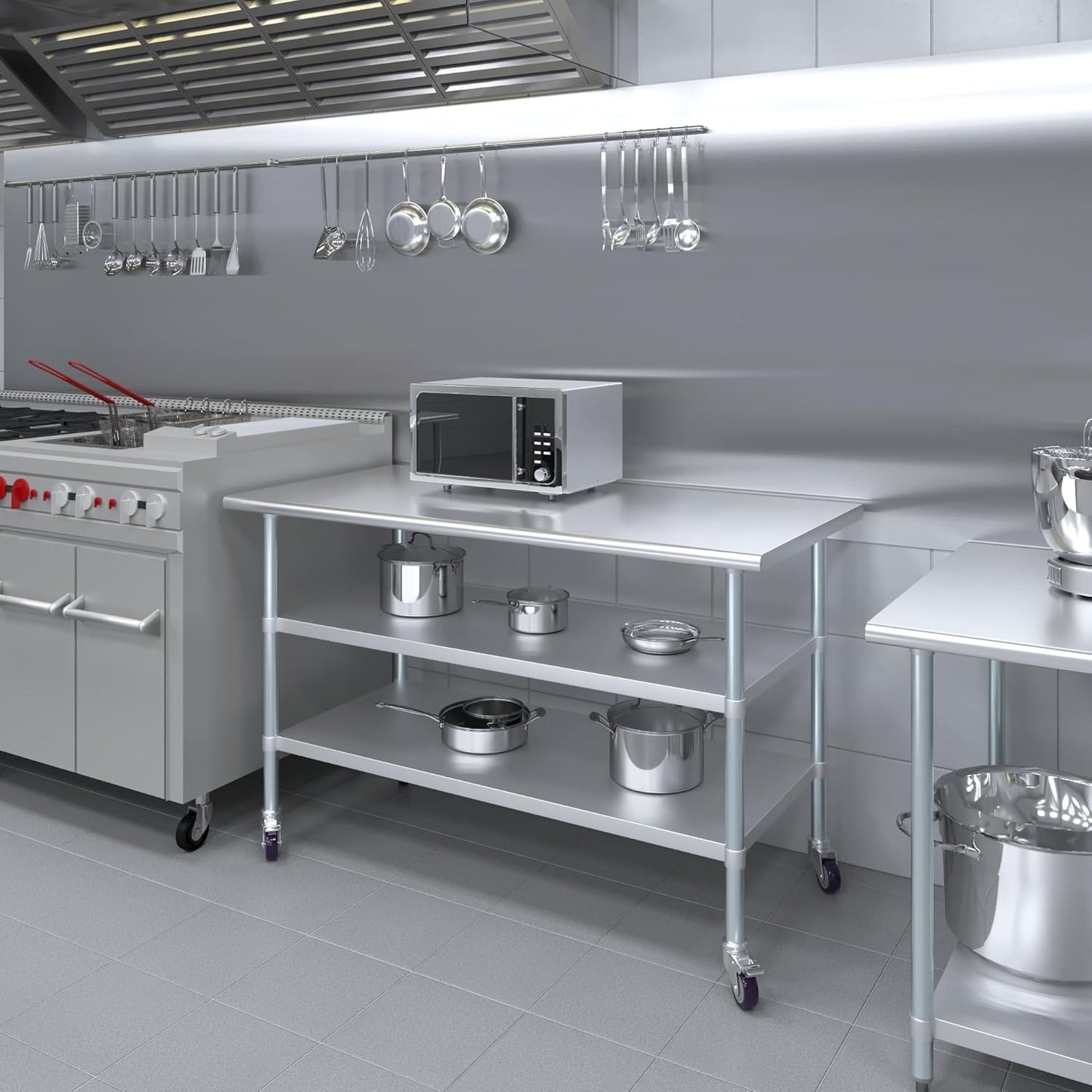 AmGood Stainless Steel Work Table with 2 Shelves and Casters | Metal Utility Table On Wheels (Stainless Steel Work Table with 2 Shelves + Casters, 60" Long x 30" Deep)