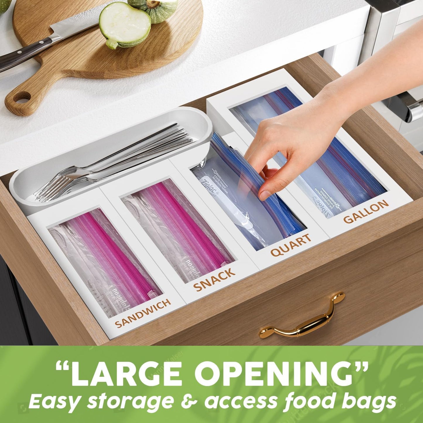 DALSHABET Bamboo Storage Bag Organizer for Kitchen Drawer, 4 Separate Food Storage Bag Organizer, 12x14 Baggie Organizer Dispenser for All Brands Gallon, Snack, Sandwich & Quart Slider Bags White
