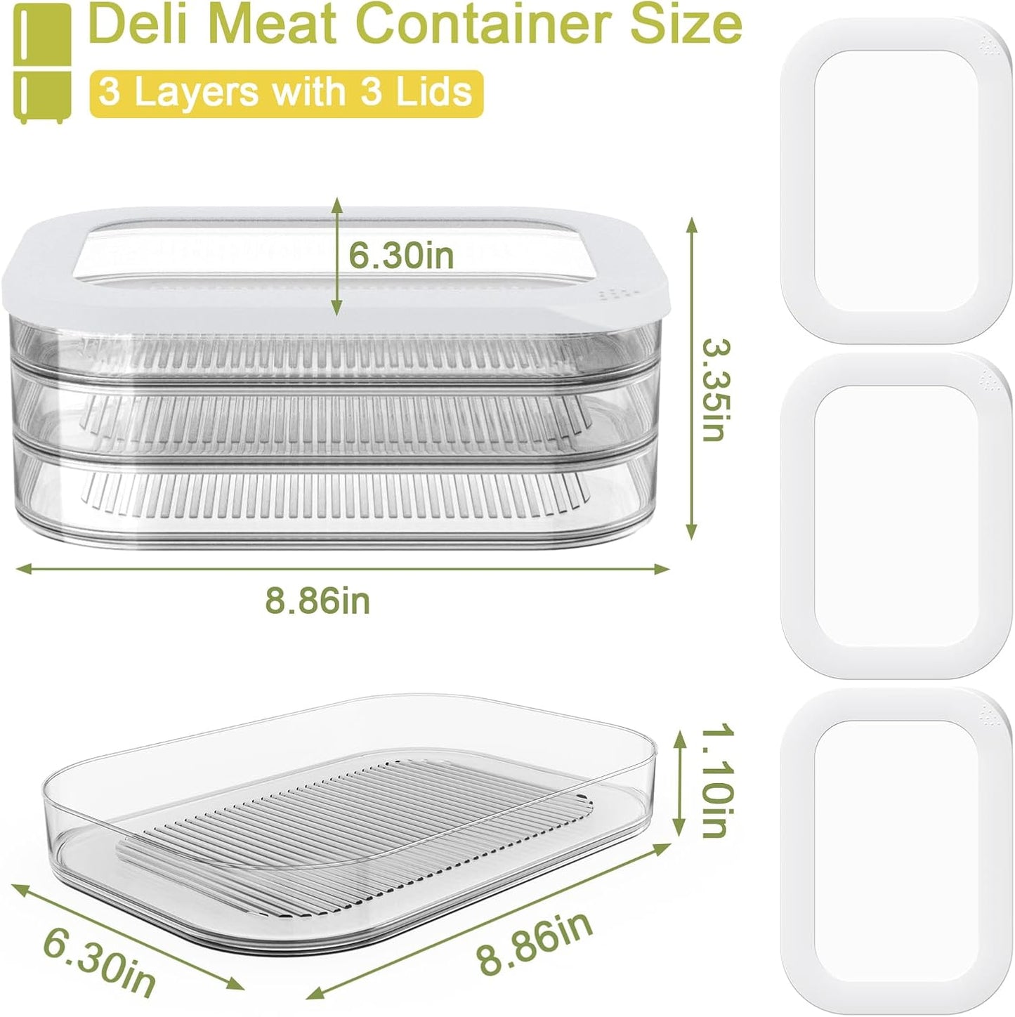 3 Pcs Deli Meat Container for Fridge, Stackable Bacon Lunch Meat Container for Refrigerator, Food Storage Boxes with 3 Lids for Cold Cuts, Cheese, Lunchmeat, Salami, Meal Prep Containers