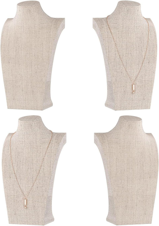 Necklace Bust Display Stand, Necklace Holder, Pendant Chain Necklace Organizer for Women (Yellow Linen, S 4PCS)