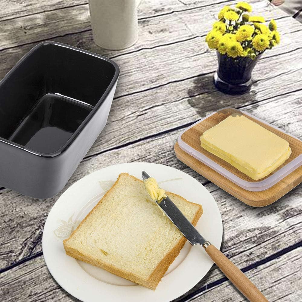 Butter Dish with Lid, Porcelain Keeper with Wood Lid Cover for Butter, Microwave Safe Easy Clean Butter Storage Container for Countertop and Refrigerator (Black 10oz)