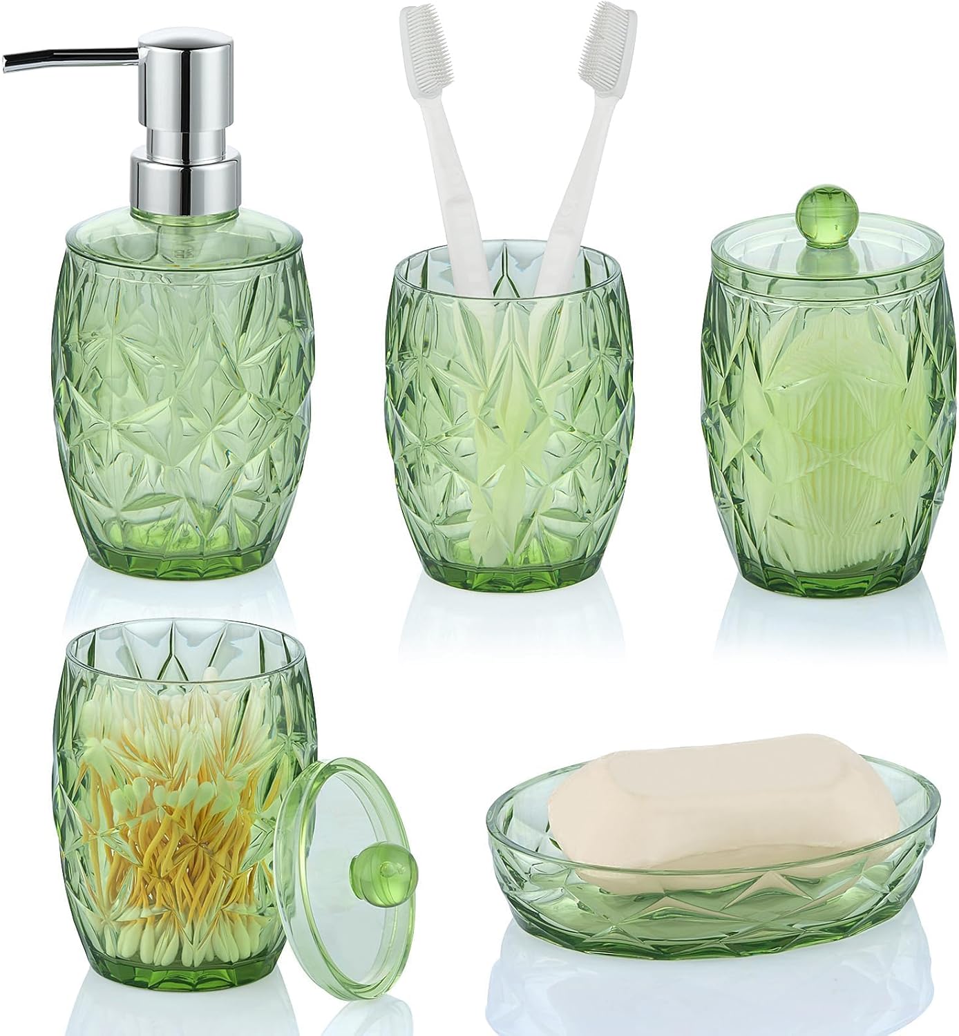 Modern Shatterproof Acrylic Olive Green Bathroom Accessories Set – 5-Piece Glass-Free Vanity Set with Soap Dispenser, Toothbrush/Makeup Brush Holder, 2 Cotton Jars with Lids, and Soap Dish