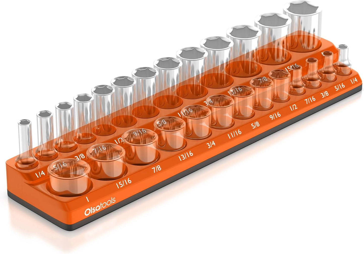 Olsa Tools Magnetic Socket Organizer | 3/8-inch drive | SAE Orange | Holds 26 Sockets | Professional Quality Tools Organizer