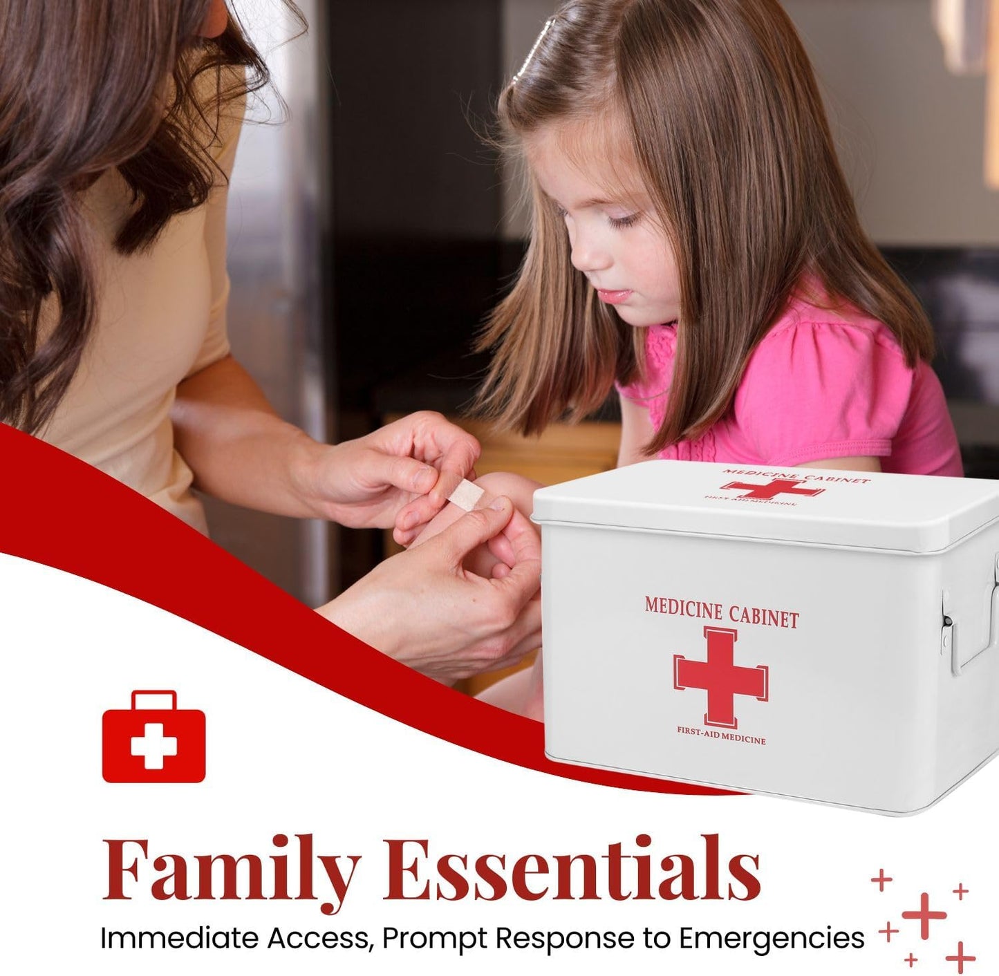 Flexzion First Aid Box Organizer Empty 13" White Vintage First Aid Kit Tin Metal Medical Box - First Aid Storage Box Container Bins with Dividers, Removable Tray and Red Cross Logo
