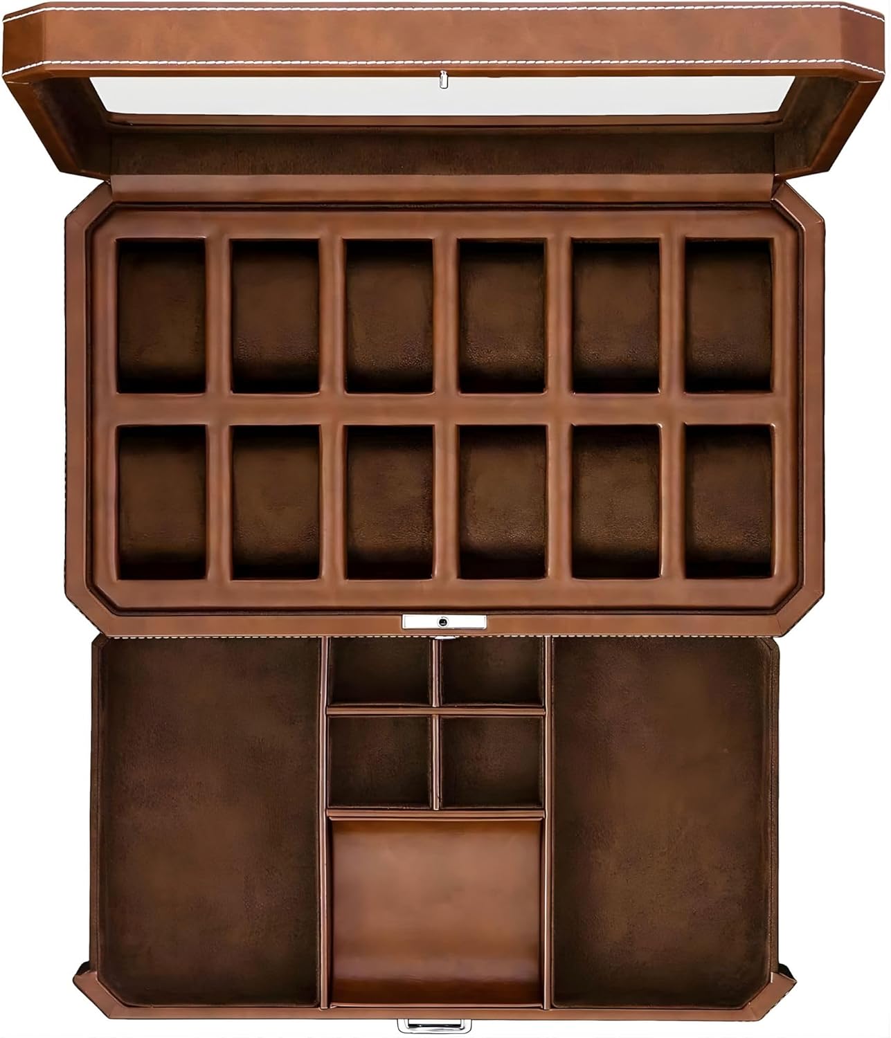 ROTHWELL 12 Slot Leather Watch Box with Valet Drawer - 12 Slot Luxury Watch Case Display Organizer, Microsuede Liner, Mens Accessories Holder, Jewelry Case, Jewelry Display Organizer (Tan/Brown)