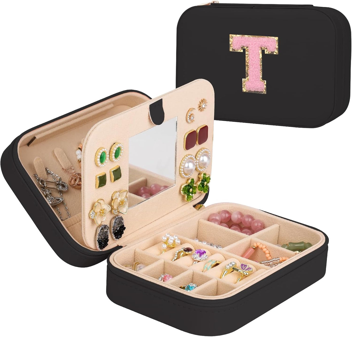 TopPerfekt Travel Jewelry Case, Jewelry Box with Mirror, Jewelry Organizer Bridal Shower Gifts to Her, Earring Storage Travel Case, Trendy Gift for Women and Girls, Girlfriend-Letter T, Black