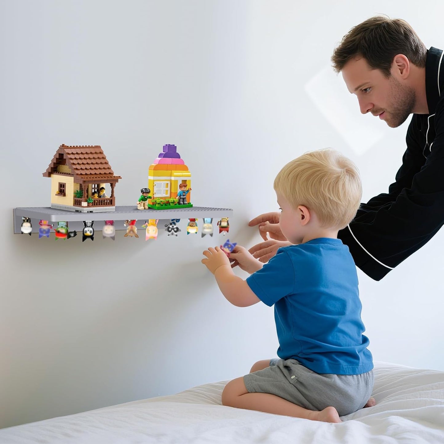 2-in-1 Floating Shelf for Tonies & Lego Display | Magnetic Tonie Holder Holds 30+ Figures | Wall Mount Building Bricks & Storage Organizer | Wooden Shelf for Kid Room