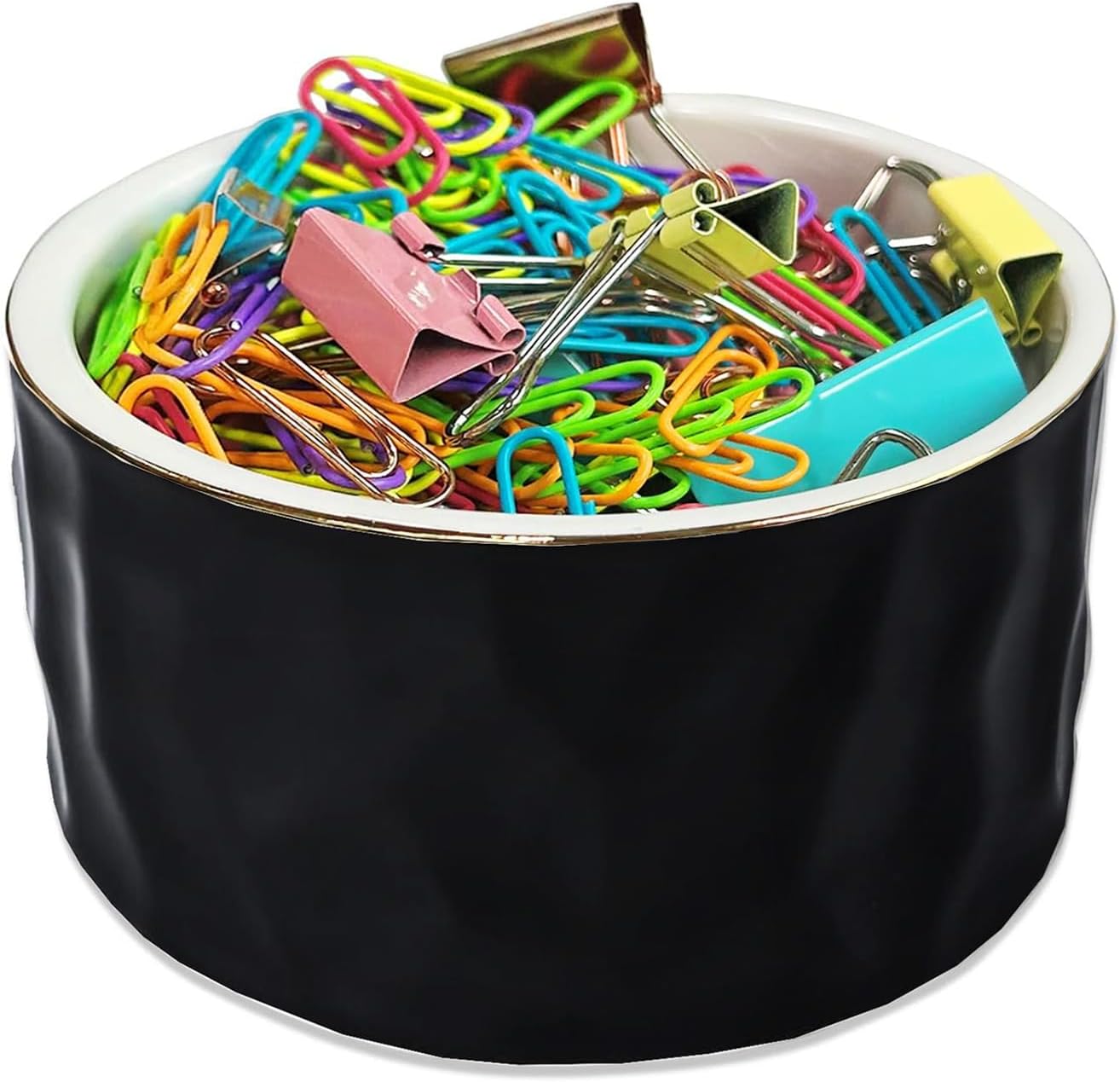 Paper Clip Holder Ceramic Paper Clip Holders Paperclips Holder Dispenser Cute Gold Line Paper Clip Organizer for Desk Binder Clip Holder Bobby Pin Hair Clip Holder Gift for Office Black