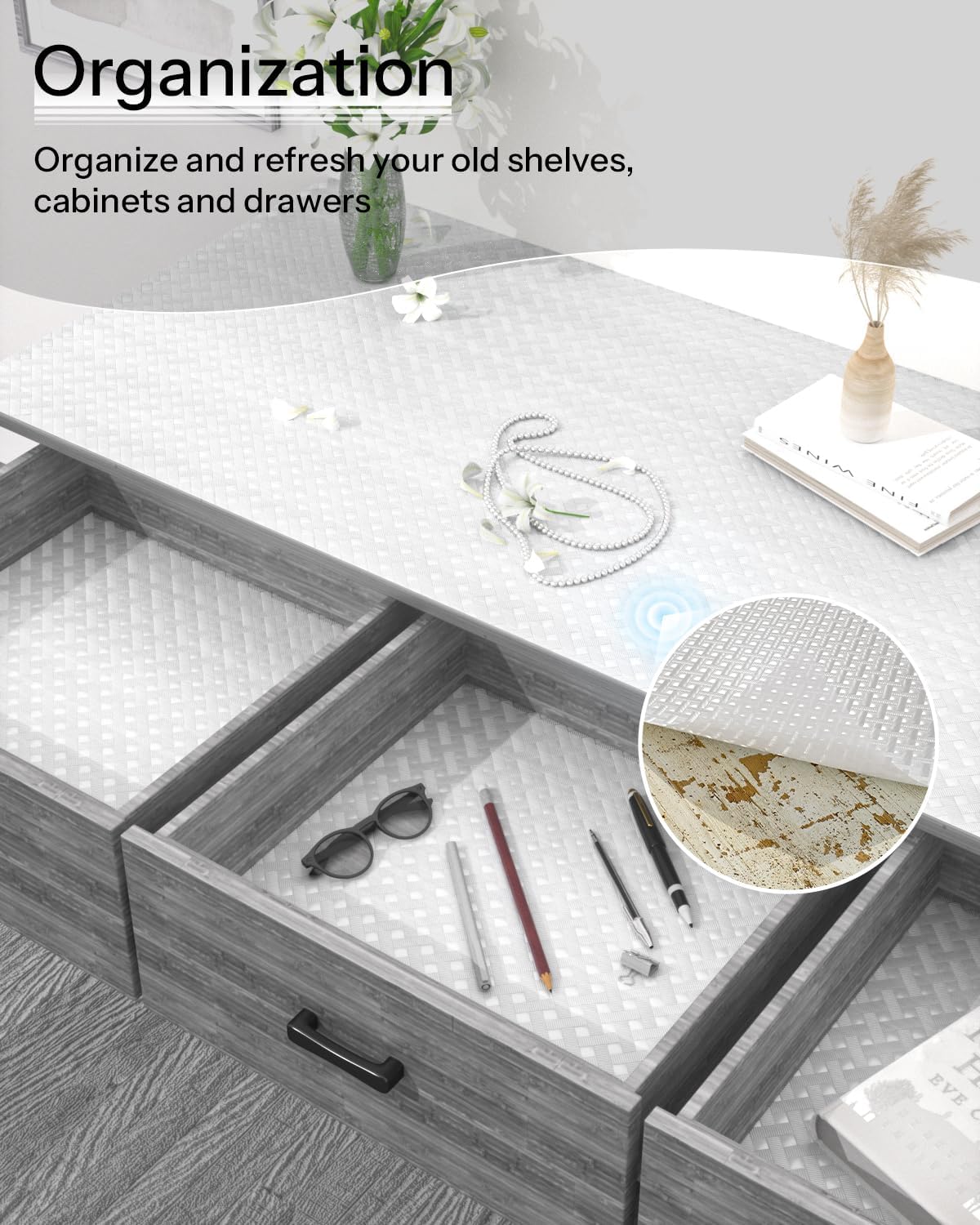 Shelf and Drawer Liner for Kitchen Cabinet, Non-Adhesive 12in x 240in Waterproof Contact Paper Refrigerator Liners Thickened Durable EVA Material Non Slip Mat for Dresser Cupboard Pantry Protector