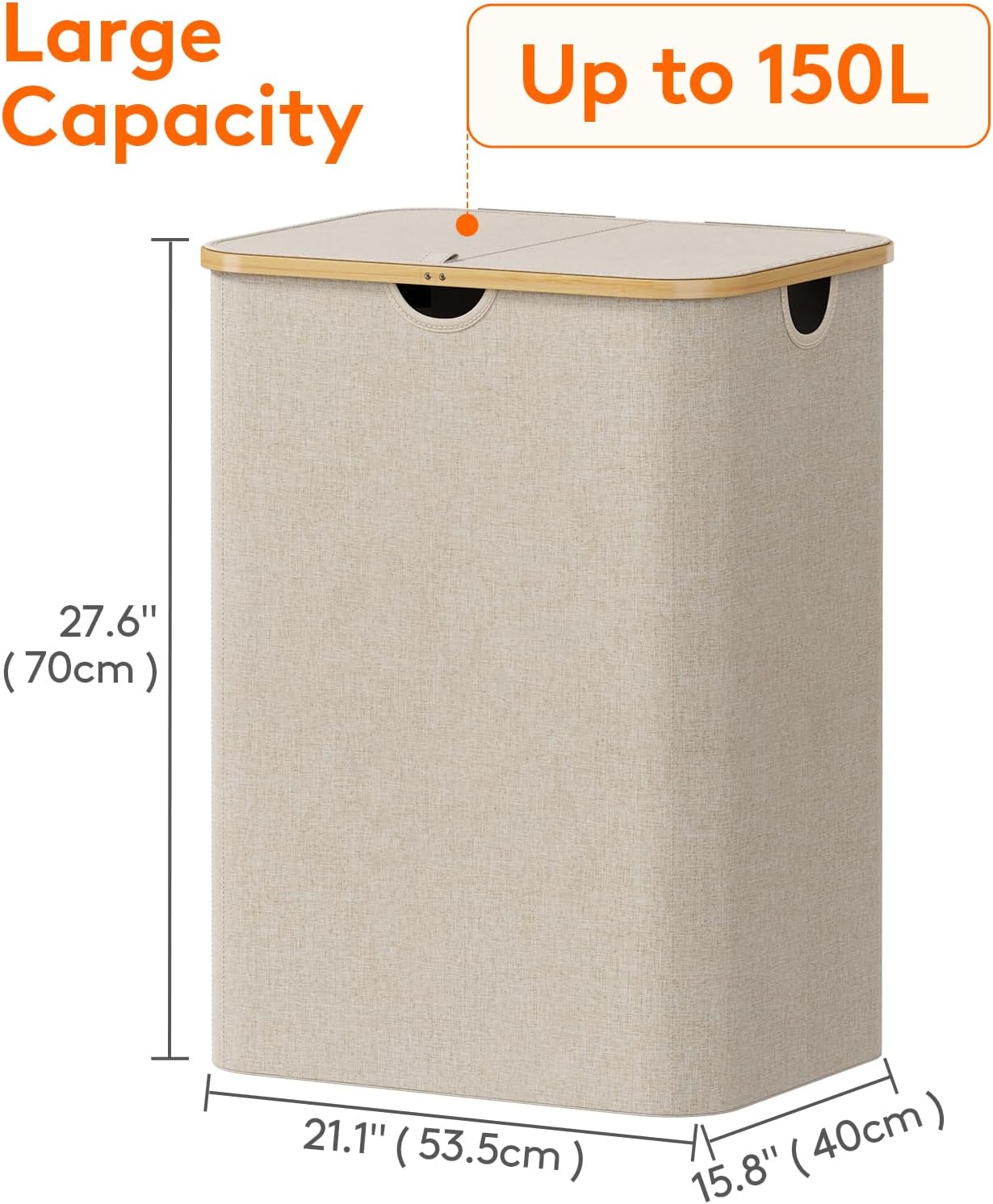 Lifewit 150L Laundry Basket with Lid, Clothes Hampers for Laundry with Bamboo Handles and A Removable Bag, Large Foldable Laundry Hamper for Bedroom, Bathroom, Dorm, Laundry Room, Beige