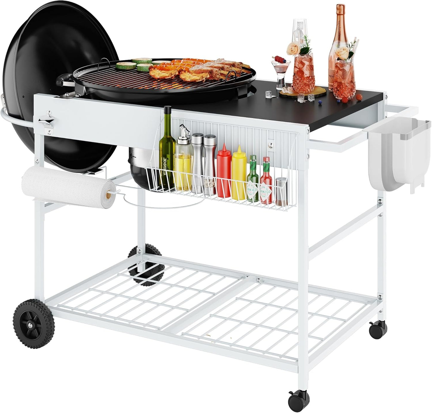 Shintenchi Grill Table for Weber 22" & 18" Original Kettle, Outdor Grill Cart with Wheels, Movable Outdoor Prep Table Cooking Station for JumboJoe and Master-Touch Charcoal Grill