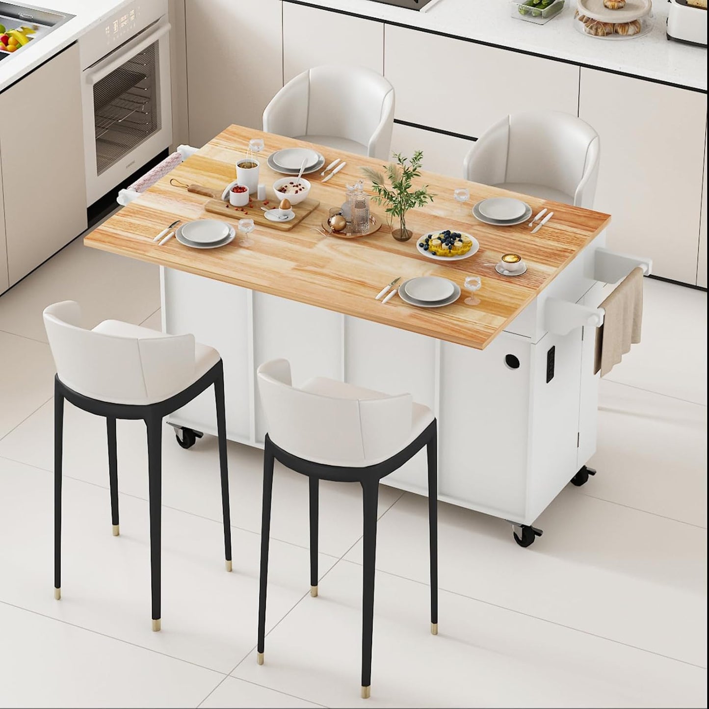 59’’ Rolling Kitchen Island Cart with Drop Leaf and Power Outlet, Movable Kitchen Islands with 3-Tier Door Storage Shelf, Island Table on Wheels, 2 Large Drawers, Towel Racks, White