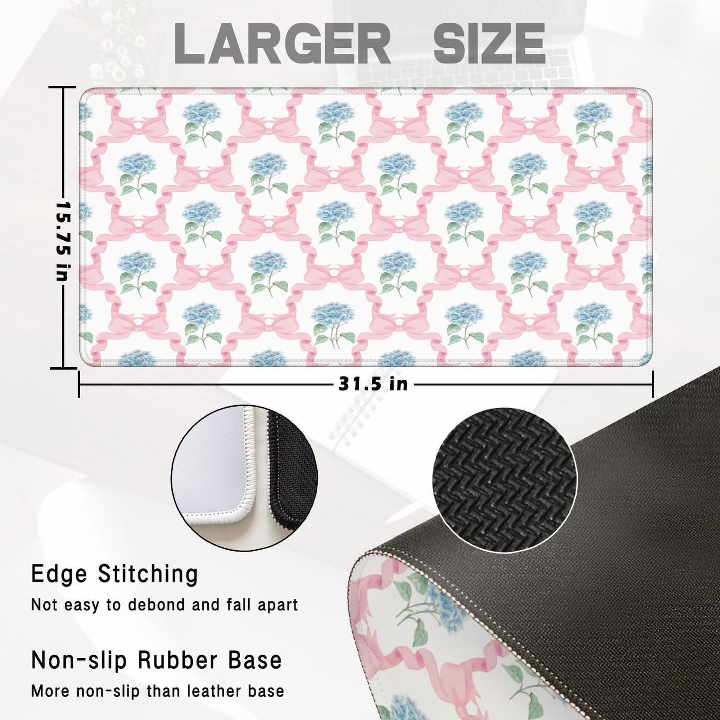 Blue Hydrangea Large Mouse Pad 31.5x15.7inch, Trendy Coquette Pink Bow Flower Aesthetic Large Extended Computer Desk Mat Mousepad for Keyboard and Mouse, Preppy Desk Accessories