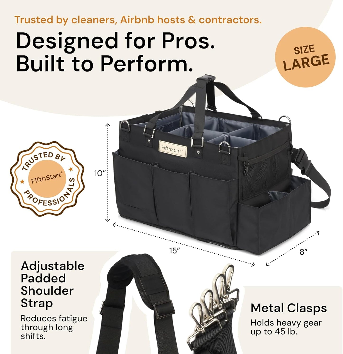 FifthStart Multiuse Cleaning Caddy w/Waist & Shoulder Strap - 9 Pockets Tote Bag for Housekeeping Gardening Fishing Bathroom Organizer Adjustable Compartments, Black Large Caddy Organizer with Handle