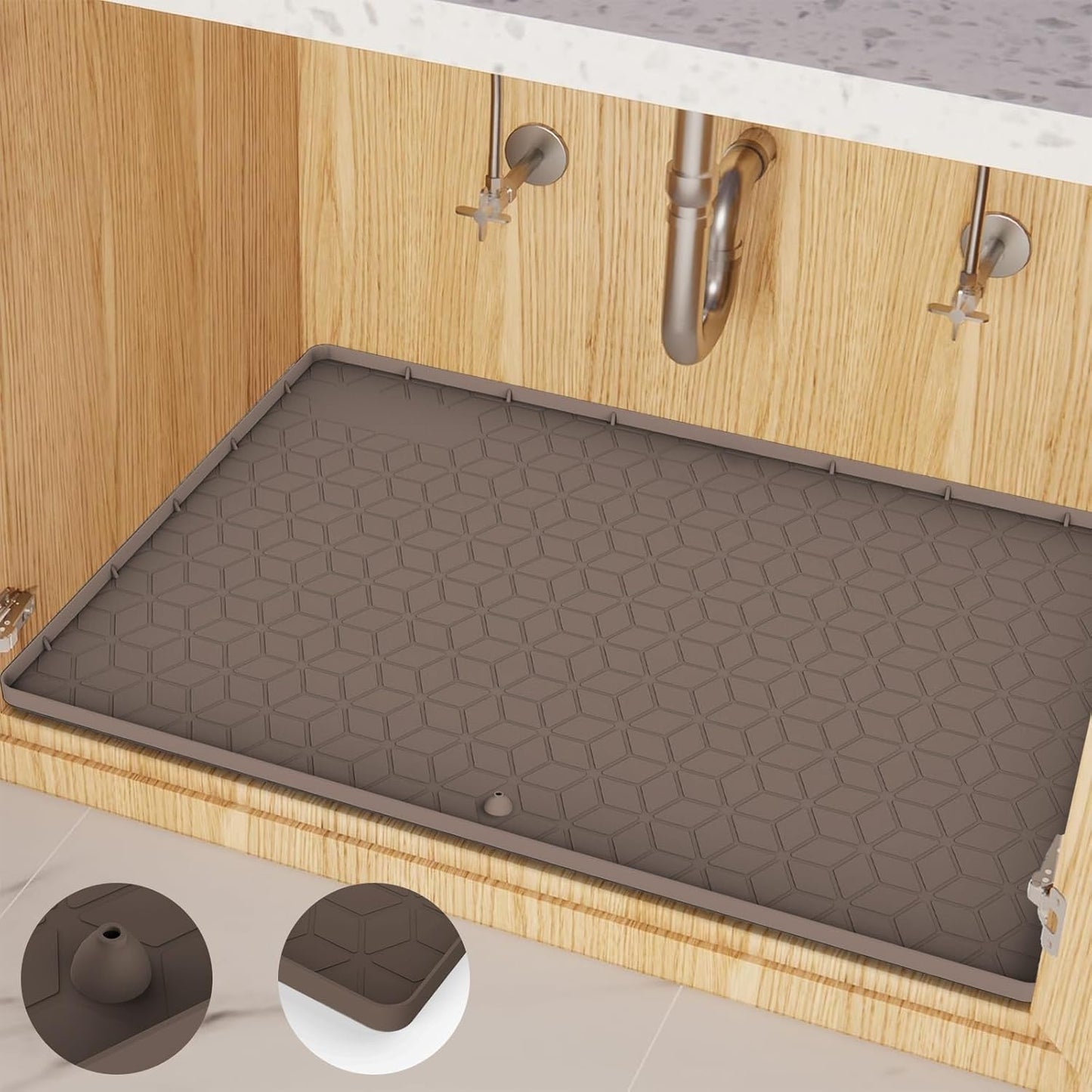 Under Sink Mat for Kitchen Silicone Waterproof Under Sink Liner, Flexible Sink Cabinet Organizer Tray with Drain Hole, Hold up to 3.3 Gallons Liquid, Easy to Clean (Brown, 28X19)
