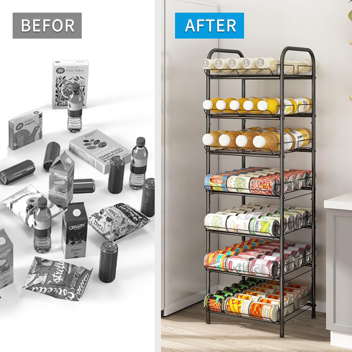 GILLAS 3 5 6 7 8 Tier Water Bottle Storage Rack, Free Standing Vertical Metal,Water Bottle Organizer, Large Capacity Bottled Rack Water Holder Stand for Cabinet Kitchen Party Pantry,Black