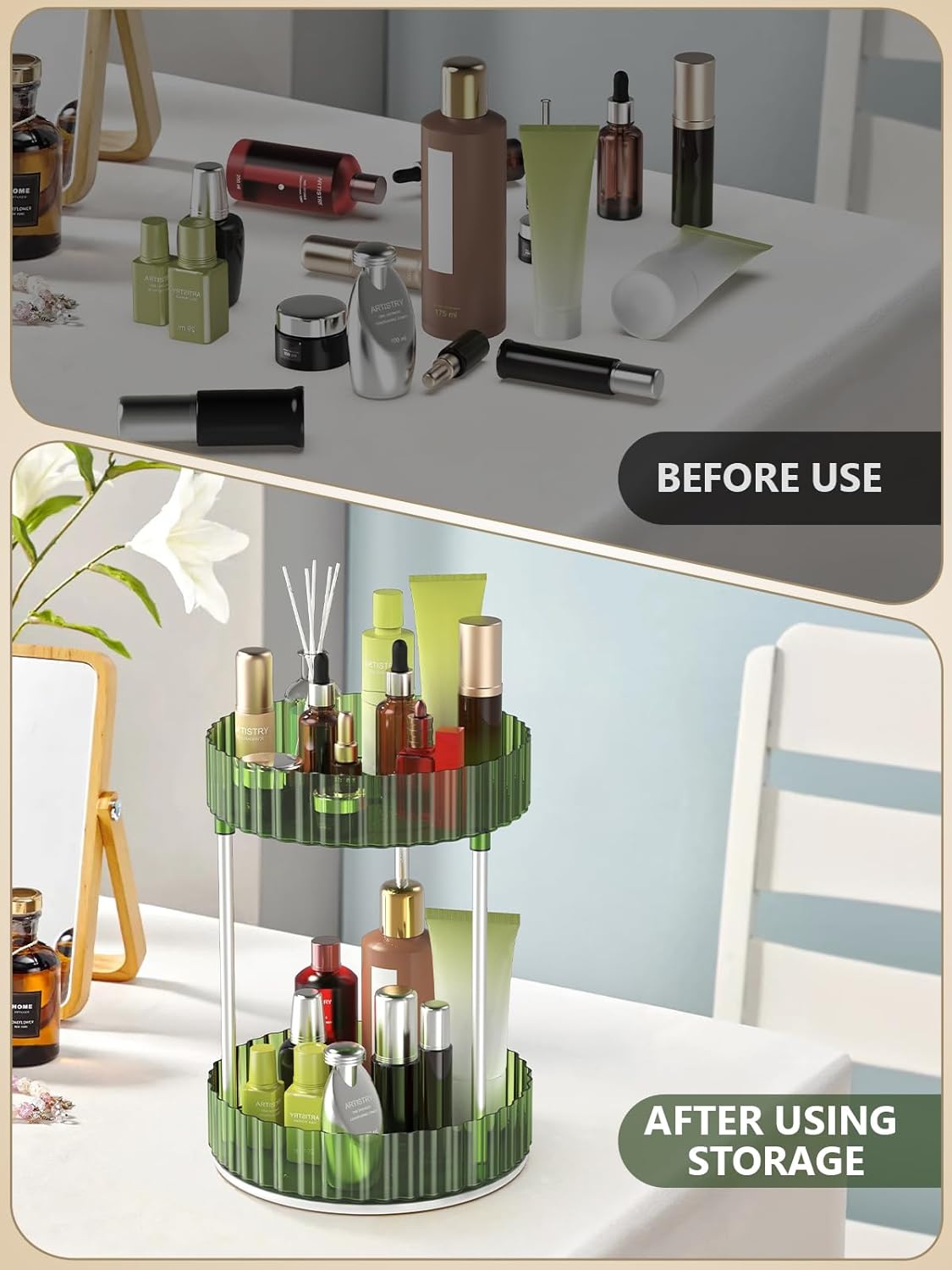 Makeup Organizer,360° Rotating Makeup Organizer,2-Tier Round Rotating Skincare Organizer Countertop,Fits Bedroom, Bathroom, Vanity Shelf Countertop(Green)