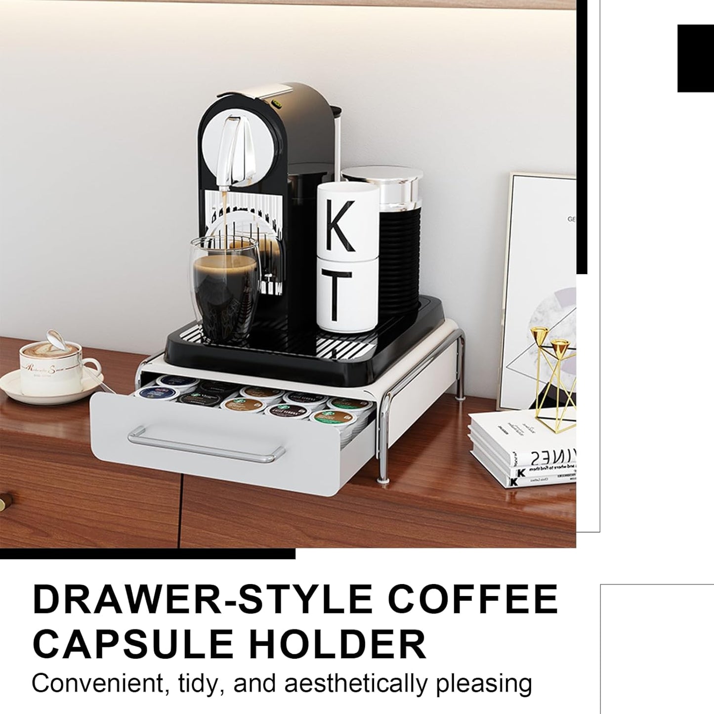 Pod Holder Drawer Capsule Organizer, Pull Out Coffee Pods Storage, Slide Out Drawers Holder for Capsules, Under Brewer Storage Sliding Drawer, Home Kitchen Counter Organization (White, L)