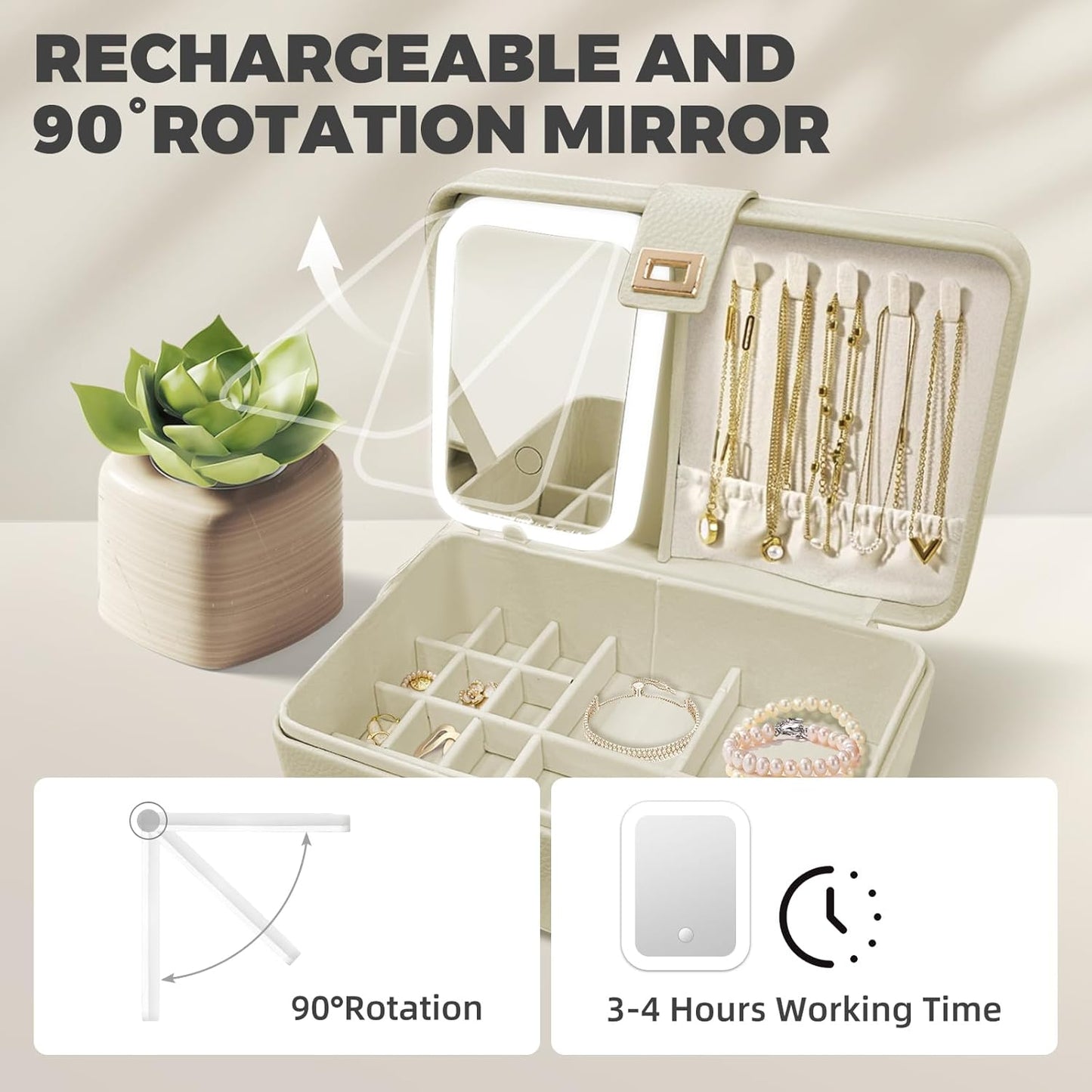 LED Jewelry Box with Mirror- Jewelry Organizer with Movable Compartment Pieces, 6.69 x 9.45 x 3.74 Inches, PU Surface Womens Jewelry Case for Necklaces, Rings, Bracelets, Gift for Women,Cloud White