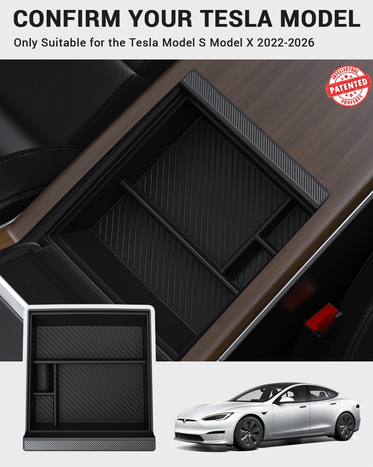 BASENOR 2026-2022 Tesla Model S Model X Center Console Organizer Tray(Carbon Edition), Armrest Storage Box for Model X/S Plaid/Long Range Refresh Console Accessories