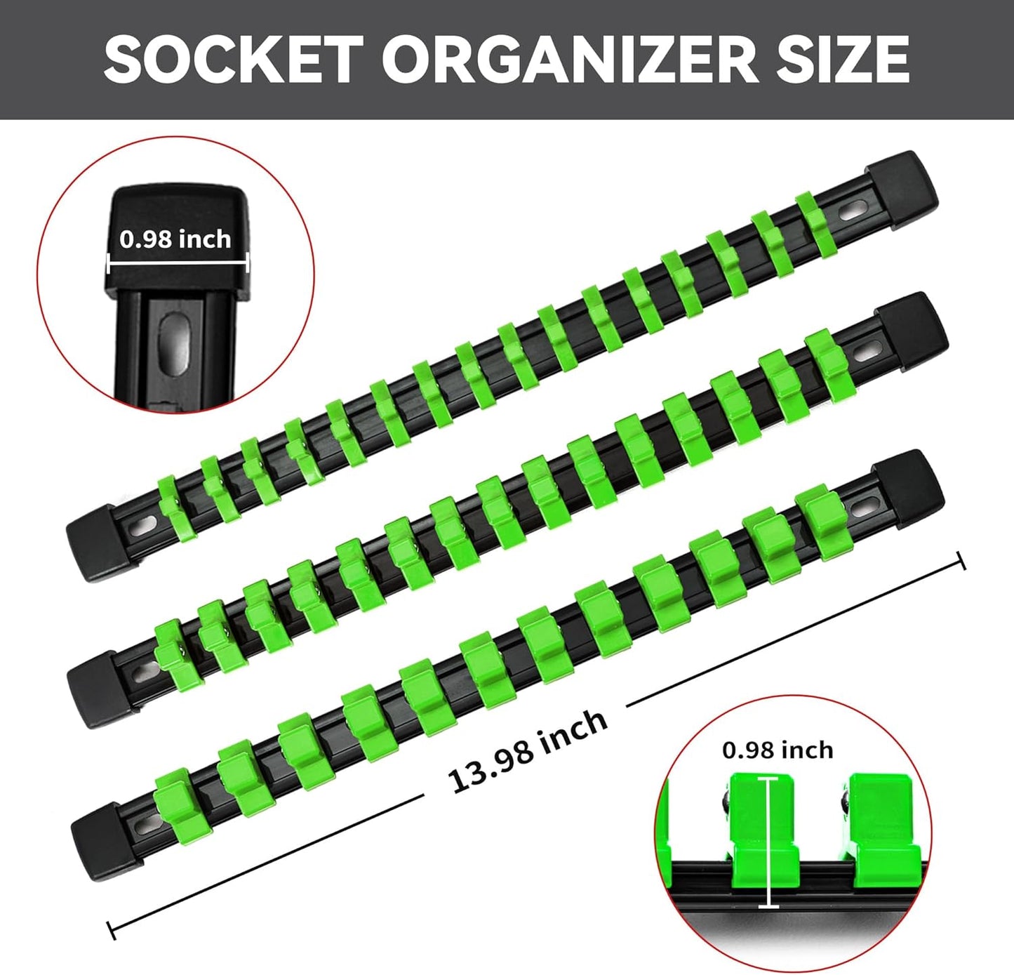 Socket Organizer Drive ABS Tools - Green Socket Holder, Premium Quality 18 Pieces Socket Holders Kit 1/4-Inch x 96 Clips, 3/8-Inch x 90 Clips, 1/2-Inch x 72 Clips（18PC,Green