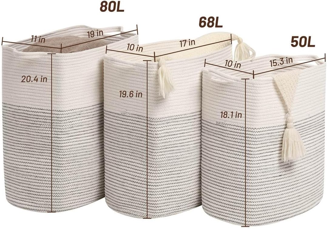 Tall Laundry Basket With Handles,Woven Cotton Rope Big Laundry Hamper Sorters,Versatile Storage for Dirty Clothes,Baby Toys,and Blankets in Bathroom, Nursery,and Living Room (White/Black Line, 68L)