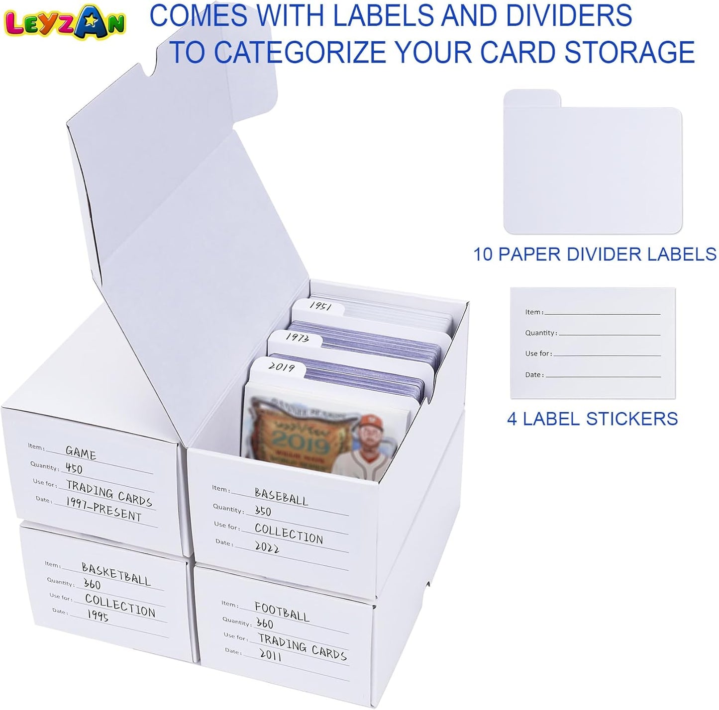 Trading-Card Storage Box, 4-Pack • 400 Count Corrugated Cardboard Storage Box with dividers & labels for TCG/Magic/Mtg Storage and Collection, Horizontal