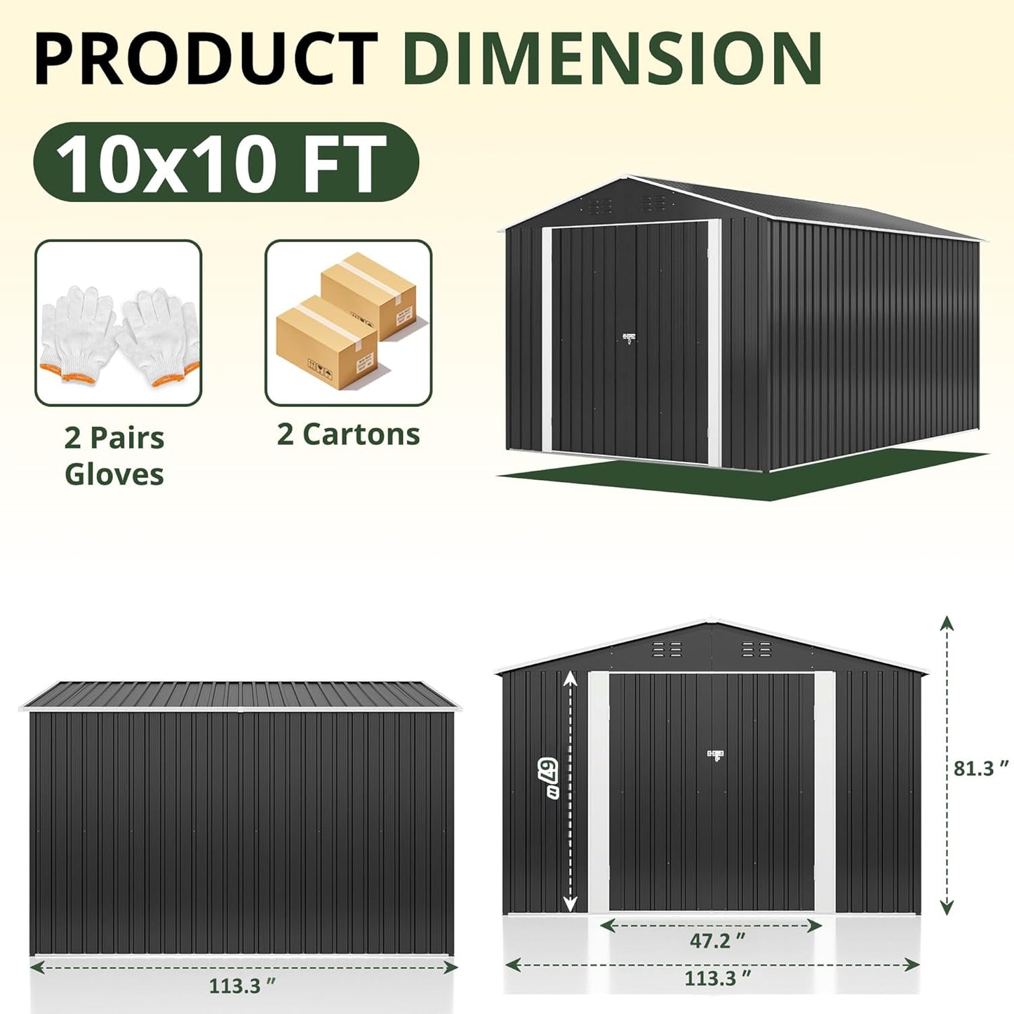 10x10 FT Storage Shed, Garden Shed with Updated Frame Structure and Lockable Doors, Metal Tool Sheds for Backyard Garden Patio Lawn, Grey