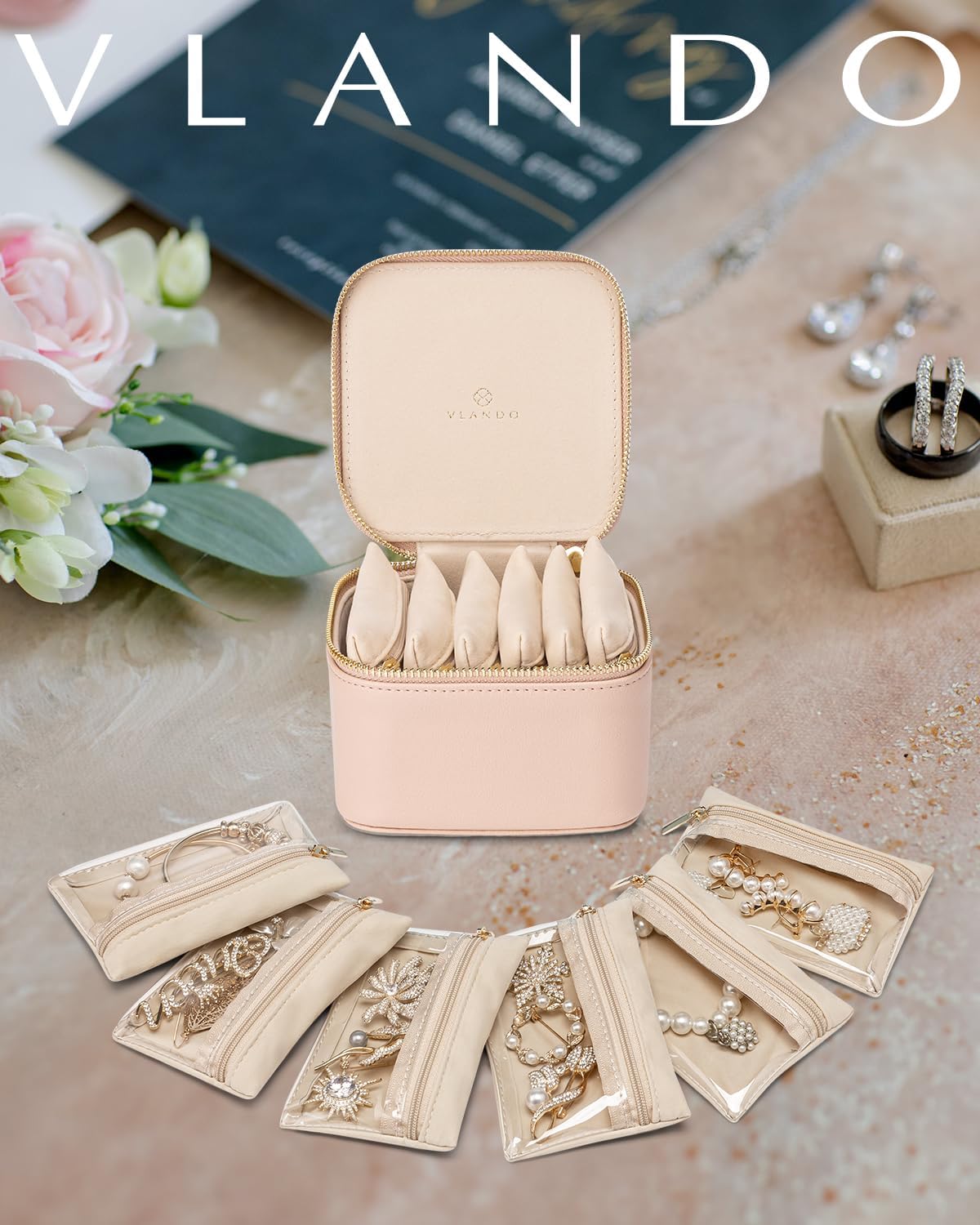 Vlando Travel Jewelry Organizer,Jewelry Travel Case with 6 Velvet Zipper Jewelry Bags Gift Ideas for Birthday Wedding Graduation-Tan