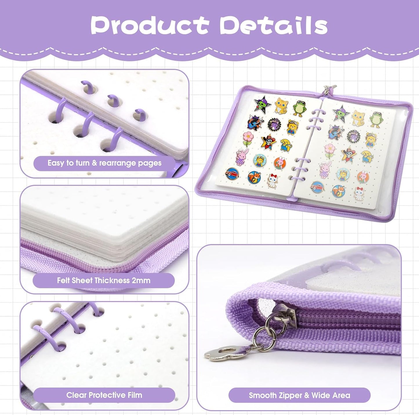 Enamel Pin Display Book - Portable 6 Pages A5 Enamel Pin Collection Holder Trading Book for Storing Pins Brooches Patches, Pin Storage Organizer for Travel Collectors (Purple)
