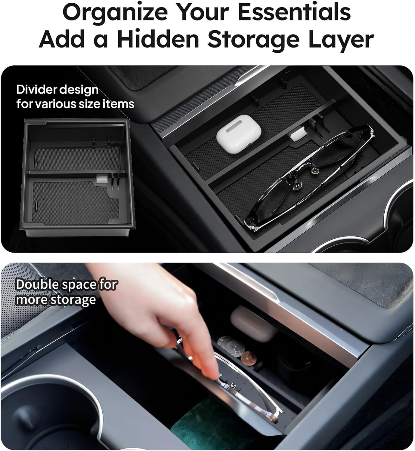 4PCS Upgraded Tesla Model Y Juniper (2024–2026) Accessories & Tesla Model 3 (2025 Highland) Accessories Center Console Organizer, Hidden Storage Box, Cup Holder, and Armrest Drawer Organizer