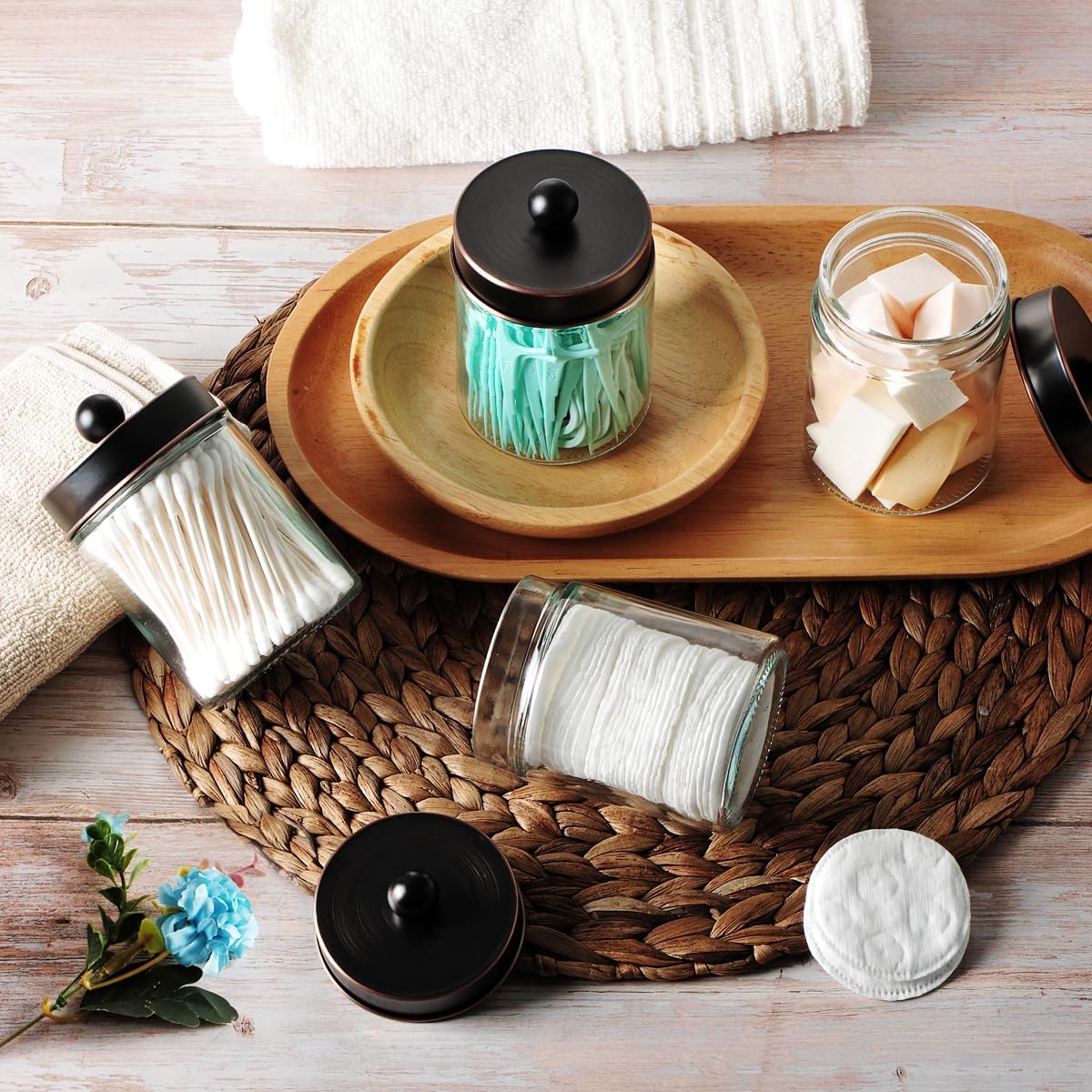 Amolliar 6 Pack Apothecary Jars Bathroom Vanity Organizer- Rustic Farmhouse Decor Storage Canister with Stainless Steel Lids- Qtip Dispenser Holder for Q-Tips,Cotton Swabs,Rounds,Ball,Flossers