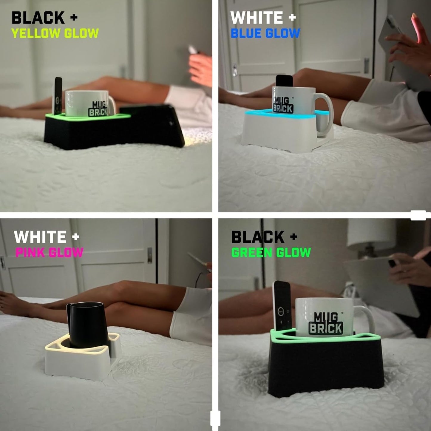 MugBrick Drink Holder for Couch, Bed, Car, Boat - Non-Spill Table and Desk Cup Holder, Tip Proof Spill Prevention Organizer, Black + Yellow Glow