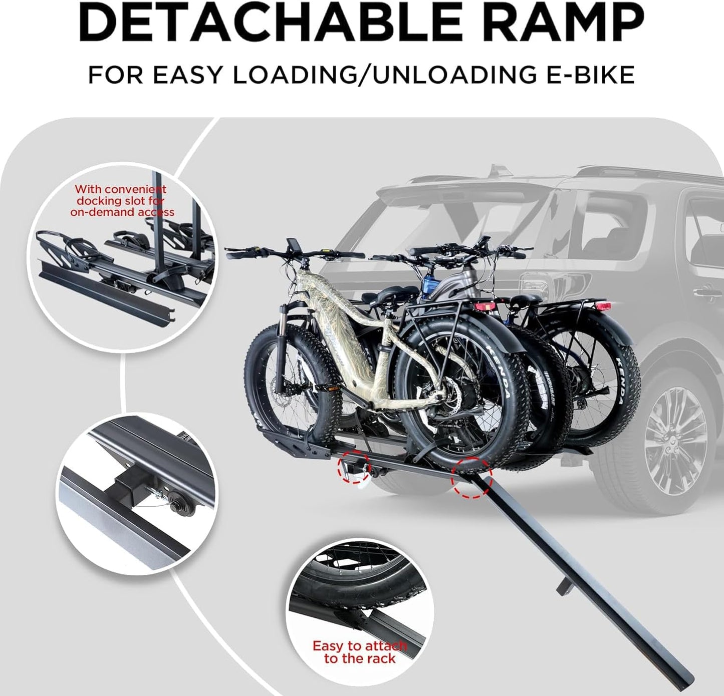 RokRack T One Foldable 3-Ebike Rack with Ramp, 250 lbs Capacity, Hitch Mount Electric Bike Rack, Fits up to 5" Fat Tire Width and 50" Wheelbase, Ebike Carrier Rack for 2" Receiver for Cars SUVs Vans