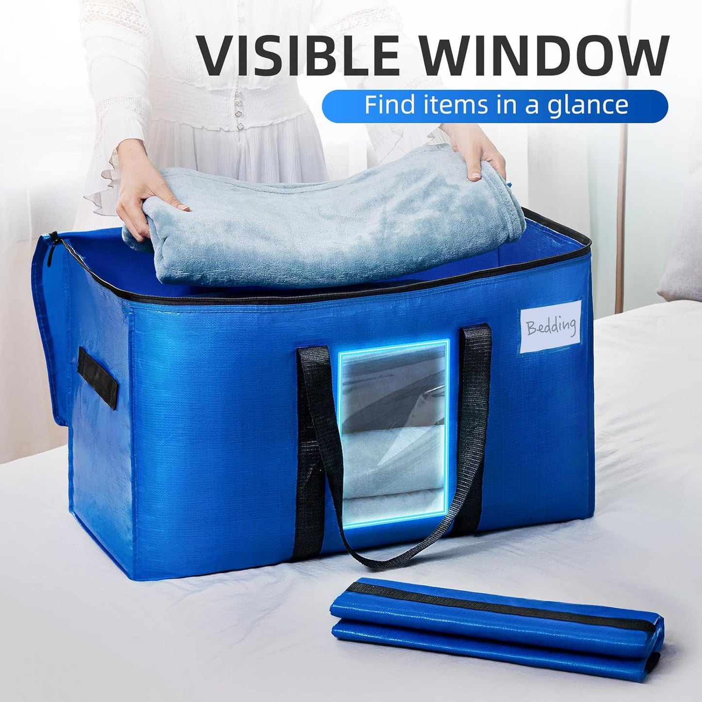 TAILI Extra Large Moving Bags, 10 Pack Blue Heavy Duty Totes for Storage with Visible Window, Wrap Around Handles, Storage Bags for Space Saving, Alternative to Moving Boxes