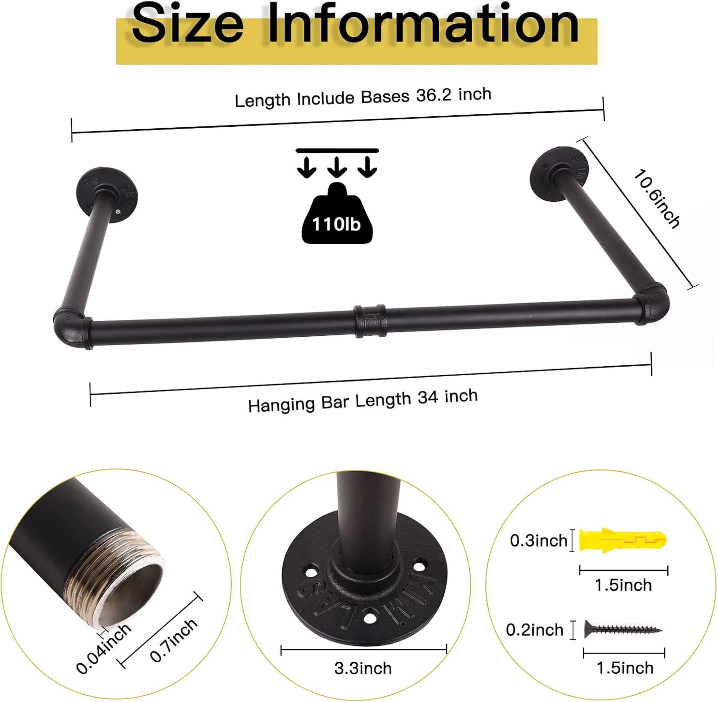 36” Wall Mounted Clothes Rack, Industrial Pipe Black Iron Garment Bar, Heavy-Duty Detachable Clothing Rod, Multi-Purpose Metal Wall display Hanging Pole for Closet Storage (Set of 2)