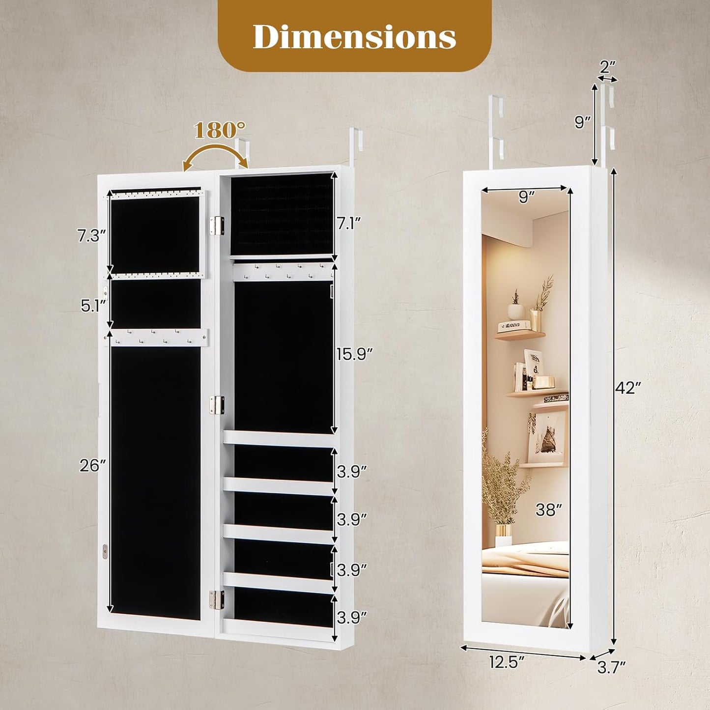 Giantex Jewelry Armoire with Full Length Mirror, Wall and Door Mounted Jewelry Cabinet Organizer with Magnetic Door, Large Storage for Earrings, Rings, Necklaces & Accessories, White