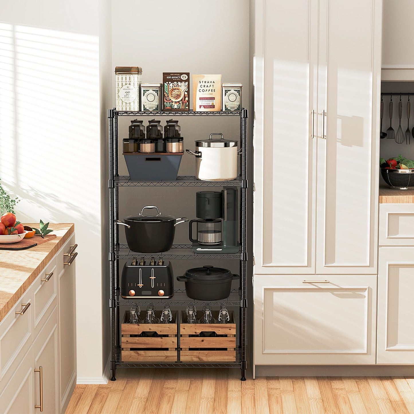 5 Tiers Shelf Metal Storage Shelves Standing 1750 LBs Household Shelf Organizer for Kitchen Pantry Closet Garage Basement Utility Room, Black15.7 D x 45.3" W x 70.4" H