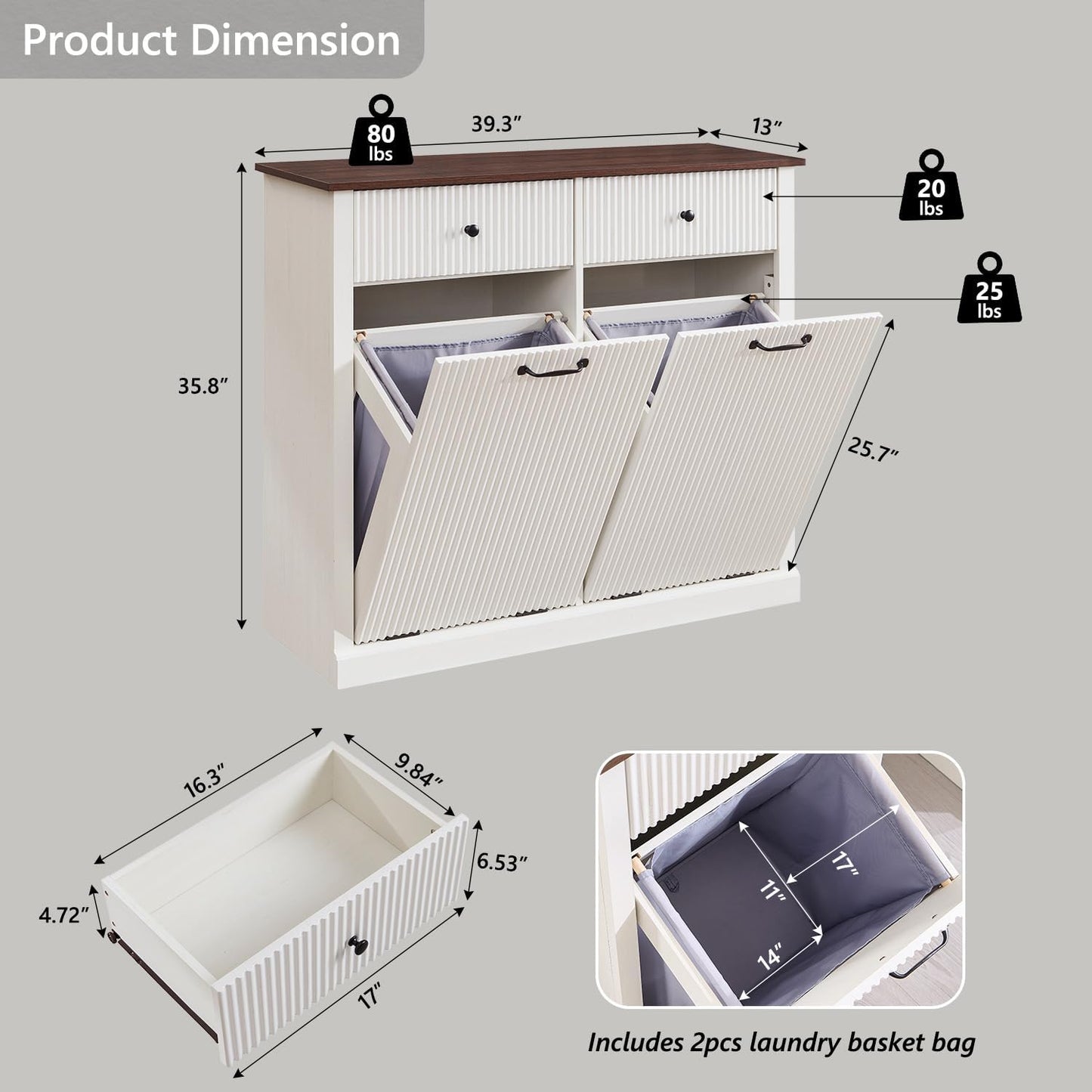 Modern Double Tilt-Out Laundry Hamper Cabinet, 20 Gallon Fluted Trash Can Cabinet w/2 Drawers, Wooden Hidden Garbage Can Cabinets with Laundry Basket, for Bathroom and Kitchen, Antique White