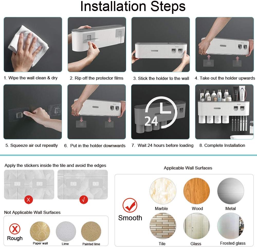 Toothbrush Holders Wall Mounted, Toothbrush Holder with Automatic Toothpaste Dispensers, 6 Brush Slots, 3 Magnetic Cups,1 Cosmetic Drawer Organizer and 1 Large Storage Tray